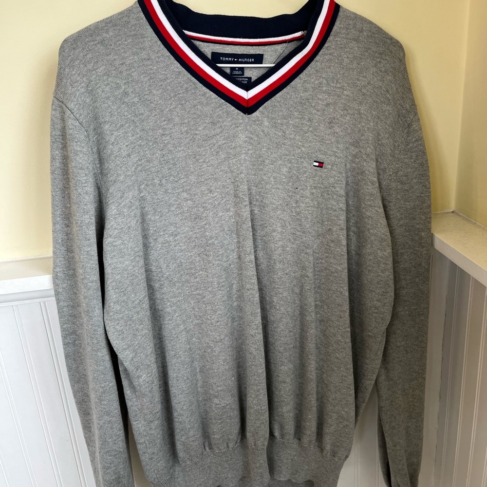 Tommy Hilfiger Gray with Red & Blue Trim V-Neck Premium Cotton Sweater